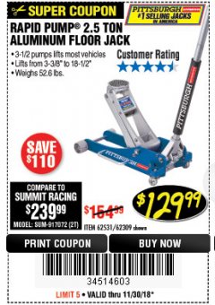 Harbor Freight Coupon RAPID PUMP 2.5 TON ALUMINUM RACING JACK Lot No. 62531/62589/62309 Expired: 11/30/18 - $129.99