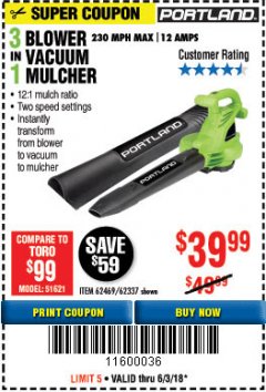 Harbor Freight Coupon 3 IN 1 ELECTRIC BLOWER VACUUM MULCHER Lot No. 62469/62337 Expired: 6/3/18 - $34.99
