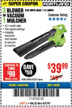 Harbor Freight Coupon PORTLAND 12 AMP, 3-IN-1 ELECTRIC BLOWER VACUUM MULCHER Lot No. 62337/62469 Expired: 6/3/18 - $34.99