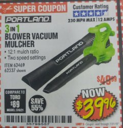 Harbor Freight Coupon 3 IN 1 ELECTRIC BLOWER VACUUM MULCHER Lot No. 62469/62337 Expired: 7/31/18 - $39.96
