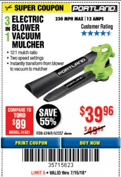 Harbor Freight Coupon 3 IN 1 ELECTRIC BLOWER VACUUM MULCHER Lot No. 62469/62337 Expired: 7/15/18 - $39.96