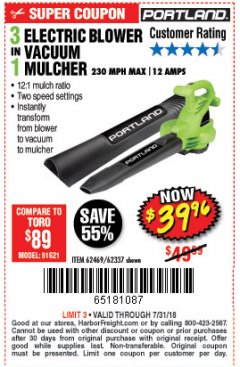Harbor Freight Coupon 3 IN 1 ELECTRIC BLOWER VACUUM MULCHER Lot No. 62469/62337 Expired: 7/31/18 - $39.96