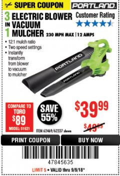 Harbor Freight Coupon PORTLAND 12 AMP, 3-IN-1 ELECTRIC BLOWER VACUUM MULCHER Lot No. 62337/62469 Expired: 9/9/18 - $39.99