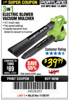 Harbor Freight Coupon PORTLAND 12 AMP, 3-IN-1 ELECTRIC BLOWER VACUUM MULCHER Lot No. 62337/62469 Expired: 11/30/18 - $39.99