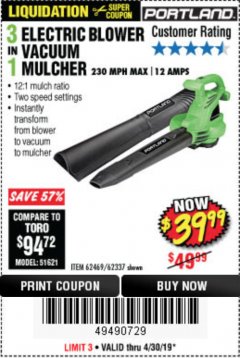 Harbor Freight Coupon PORTLAND 12 AMP, 3-IN-1 ELECTRIC BLOWER VACUUM MULCHER Lot No. 62337/62469 Expired: 4/30/19 - $39.99