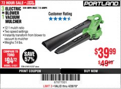 Harbor Freight Coupon PORTLAND 12 AMP, 3-IN-1 ELECTRIC BLOWER VACUUM MULCHER Lot No. 62337/62469 Expired: 4/28/19 - $39.99