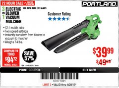 Harbor Freight Coupon PORTLAND 12 AMP, 3-IN-1 ELECTRIC BLOWER VACUUM MULCHER Lot No. 62337/62469 Expired: 4/28/19 - $39.99