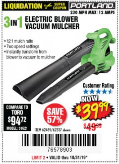 Harbor Freight Coupon 3 IN 1 ELECTRIC BLOWER VACUUM MULCHER Lot No. 62469/62337 Expired: 10/31/19 - $39.99