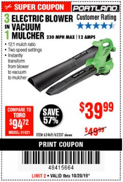 Harbor Freight Coupon PORTLAND 12 AMP, 3-IN-1 ELECTRIC BLOWER VACUUM MULCHER Lot No. 62337/62469 Expired: 10/20/19 - $39.99