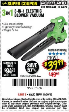 Harbor Freight Coupon 3 IN 1 ELECTRIC BLOWER VACUUM MULCHER Lot No. 62469/62337 Expired: 11/30/19 - $39.99