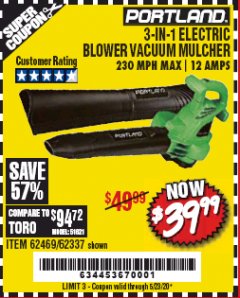 Harbor Freight Coupon 3 IN 1 ELECTRIC BLOWER VACUUM MULCHER Lot No. 62469/62337 Expired: 6/30/20 - $39.99