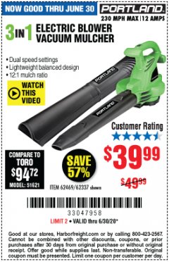 Harbor Freight Coupon PORTLAND 12 AMP, 3-IN-1 ELECTRIC BLOWER VACUUM MULCHER Lot No. 62337/62469 Expired: 6/30/20 - $39.99
