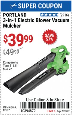 Harbor Freight Coupon 3 IN 1 ELECTRIC BLOWER VACUUM MULCHER Lot No. 62469/62337 Expired: 7/5/20 - $39.99
