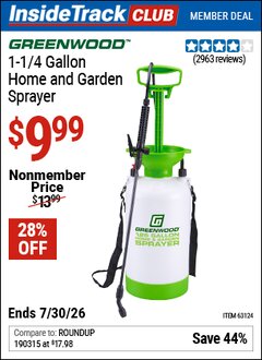 Harbor Freight ITC Coupon GREENWOOD 1-1/4 GALLON HOME AND GARDEN SPRAYER Lot No. 63124/63145 Valid Thru: 7/30/26 - $9.99