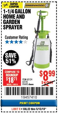 Harbor Freight Coupon GREENWOOD 1-1/4 GALLON HOME AND GARDEN SPRAYER Lot No. 63124/63145 Expired: 5/13/18 - $8.99