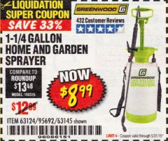 Harbor Freight Coupon GREENWOOD 1-1/4 GALLON HOME AND GARDEN SPRAYER Lot No. 63124/63145 Expired: 5/31/19 - $8.99