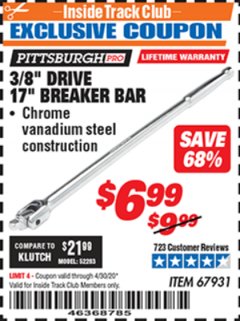 Harbor Freight ITC Coupon 3/8" DRIVE 17" BREAKER BAR Lot No. 67931 Expired: 4/30/20 - $6.99