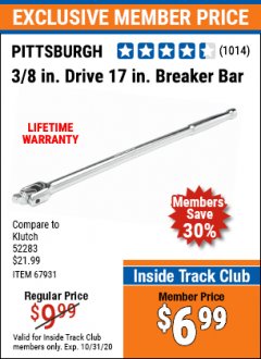 Harbor Freight ITC Coupon 3/8" DRIVE 17" BREAKER BAR Lot No. 67931 Expired: 10/31/20 - $6.99