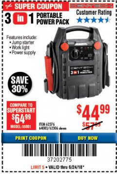 Harbor Freight Coupon 3-IN-1 PORTABLE POWER PACK WITH JUMP STARTER Lot No. 38391/60657/62306/62376/64083 Expired: 6/24/18 - $44.99