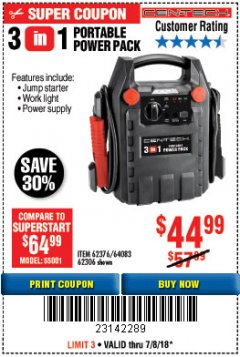 Harbor Freight Coupon 3-IN-1 PORTABLE POWER PACK WITH JUMP STARTER Lot No. 38391/60657/62306/62376/64083 Expired: 7/8/18 - $44.99