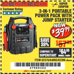 Harbor Freight Coupon 3-IN-1 PORTABLE POWER PACK WITH JUMP STARTER Lot No. 38391/60657/62306/62376/64083 Expired: 11/6/18 - $39.99