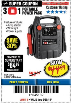 Harbor Freight Coupon 3-IN-1 PORTABLE POWER PACK WITH JUMP STARTER Lot No. 38391/60657/62306/62376/64083 Expired: 9/30/18 - $44.99