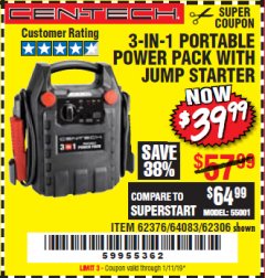 Harbor Freight Coupon 3-IN-1 PORTABLE POWER PACK WITH JUMP STARTER Lot No. 38391/60657/62306/62376/64083 Expired: 1/11/19 - $39.99