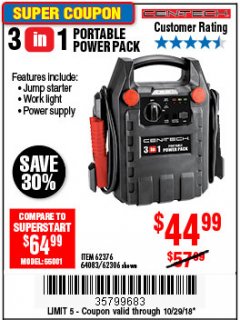 Harbor Freight Coupon 3-IN-1 PORTABLE POWER PACK WITH JUMP STARTER Lot No. 38391/60657/62306/62376/64083 Expired: 10/29/18 - $44.99
