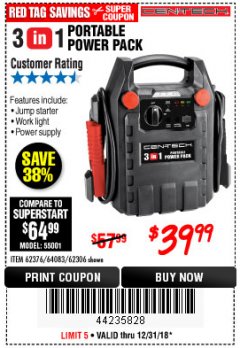 Harbor Freight Coupon 3-IN-1 PORTABLE POWER PACK WITH JUMP STARTER Lot No. 38391/60657/62306/62376/64083 Expired: 12/31/18 - $39.99