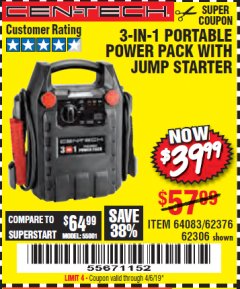 Harbor Freight Coupon 3-IN-1 PORTABLE POWER PACK WITH JUMP STARTER Lot No. 38391/60657/62306/62376/64083 Expired: 4/6/19 - $39.99