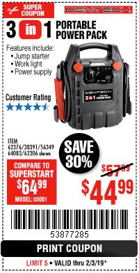 Harbor Freight Coupon 3-IN-1 PORTABLE POWER PACK WITH JUMP STARTER Lot No. 38391/60657/62306/62376/64083 Expired: 2/3/19 - $44.99