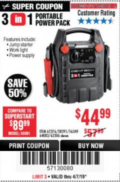 Harbor Freight Coupon 3-IN-1 PORTABLE POWER PACK WITH JUMP STARTER Lot No. 38391/60657/62306/62376/64083 Expired: 7/4/19 - $44.99