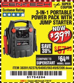 Harbor Freight Coupon 3-IN-1 PORTABLE POWER PACK WITH JUMP STARTER Lot No. 38391/60657/62306/62376/64083 Expired: 7/19/19 - $39.99