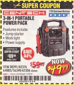 Harbor Freight Coupon 3-IN-1 PORTABLE POWER PACK WITH JUMP STARTER Lot No. 38391/60657/62306/62376/64083 Expired: 11/30/19 - $49.99