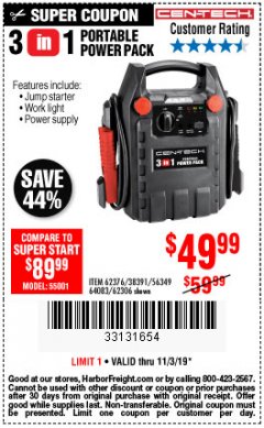 Harbor Freight Coupon 3-IN-1 PORTABLE POWER PACK WITH JUMP STARTER Lot No. 38391/60657/62306/62376/64083 Expired: 11/3/19 - $49.99