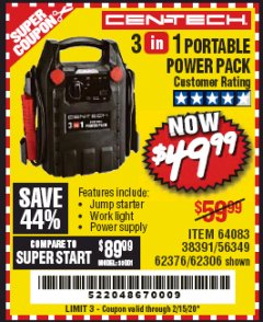 Harbor Freight Coupon 3-IN-1 PORTABLE POWER PACK WITH JUMP STARTER Lot No. 38391/60657/62306/62376/64083 Expired: 2/15/20 - $49.99