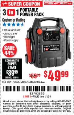 Harbor Freight Coupon 3-IN-1 PORTABLE POWER PACK WITH JUMP STARTER Lot No. 38391/60657/62306/62376/64083 Expired: 1/1/20 - $49.99