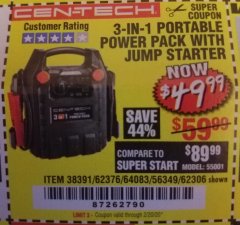 Harbor Freight Coupon 3-IN-1 PORTABLE POWER PACK WITH JUMP STARTER Lot No. 38391/60657/62306/62376/64083 Expired: 2/20/20 - $49.99