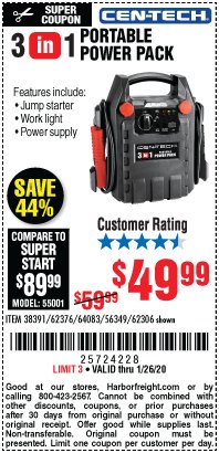Harbor Freight Coupon 3-IN-1 PORTABLE POWER PACK WITH JUMP STARTER Lot No. 38391/60657/62306/62376/64083 Expired: 1/26/20 - $49.99