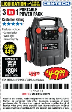 Harbor Freight Coupon 3-IN-1 PORTABLE POWER PACK WITH JUMP STARTER Lot No. 38391/60657/62306/62376/64083 Expired: 3/31/20 - $49.99