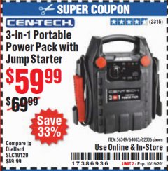 Harbor Freight Coupon 3-IN-1 PORTABLE POWER PACK WITH JUMP STARTER Lot No. 38391/60657/62306/62376/64083 Expired: 10/19/20 - $59.99