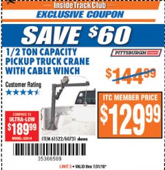 Harbor Freight ITC Coupon 1/2 TON CAPACITY PICKUP CRANE WITH CABLE WINCH Lot No. 61522/60731/37555 Expired: 7/31/18 - $129.99