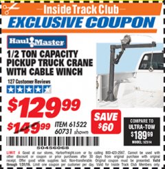 Harbor Freight ITC Coupon 1/2 TON CAPACITY PICKUP CRANE WITH CABLE WINCH Lot No. 61522/60731/37555 Expired: 1/31/19 - $129.99