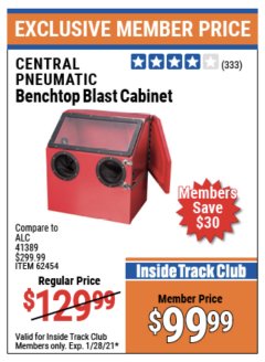 Harbor Freight ITC Coupon 30 LB. CAPACITY ABRASIVE BENCHTOP BLAST CABINET Lot No. 62454/42202 Expired: 1/28/21 - $99.99