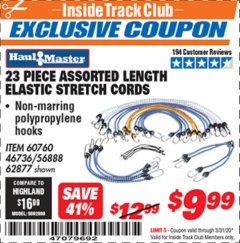 Harbor Freight ITC Coupon 23 PIECE ASSORTED LENGTH ELASTIC STRETCH CORDS Lot No. 60760/46736 Expired: 3/31/20 - $9.99