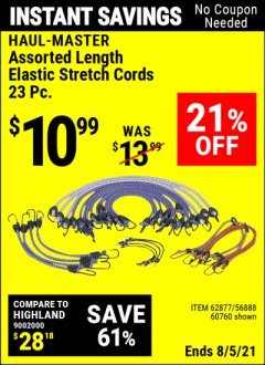 Harbor Freight Coupon 23 PIECE ASSORTED LENGTH ELASTIC STRETCH CORDS Lot No. 60760/46736 Expired: 8/5/21 - $10.99