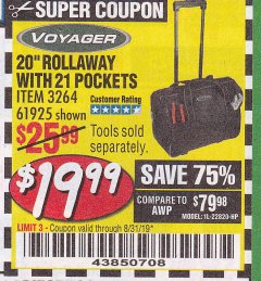 Harbor Freight Coupon 20" ROLLAWAY TOOL BAG Lot No. 3264/61925 Expired: 8/31/19 - $19.99