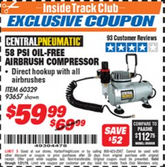 Harbor Freight ITC Coupon 58 PSI OILLESS AIRBRUSH COMPRESSOR Lot No. 69433/60329/93657 Expired: 1/31/19 - $59.99