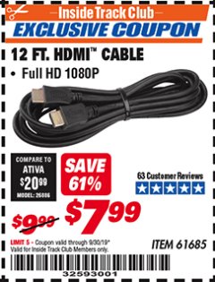 Harbor Freight ITC Coupon 12 FT, HDMI CABLE Lot No. 98308/69307/61685 Expired: 9/30/19 - $7.99