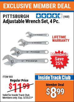 Harbor Freight ITC Coupon 4 PIECE ADJUSTABLE WRENCH SET Lot No. 903/69427/60690 Expired: 3/25/21 - $8.99